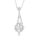 A DIAMOND PENDANT NECKLACE the tapering body set with round cut diamonds, accented by a laurel