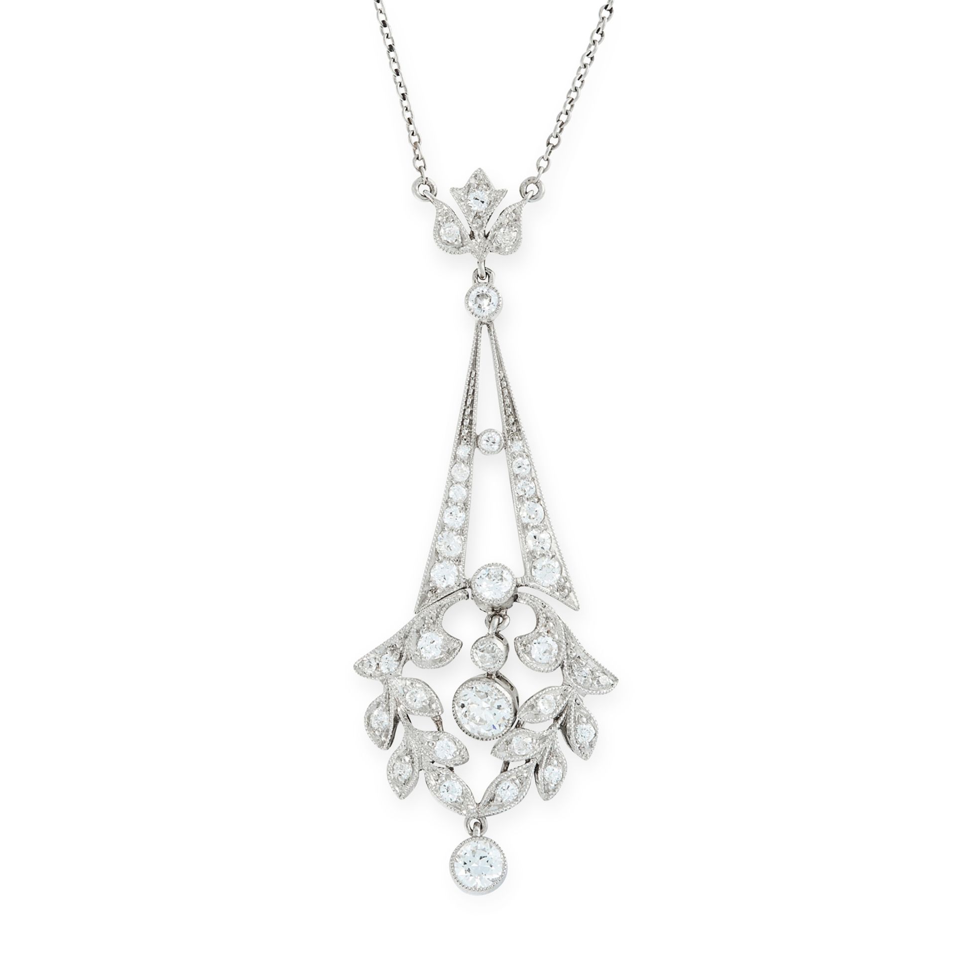 A DIAMOND PENDANT NECKLACE the tapering body set with round cut diamonds, accented by a laurel