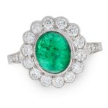 AN EMERALD AND DIAMOND CLUSTER RING in platinum, set with an oval cabochon emerald of 2.21 carats