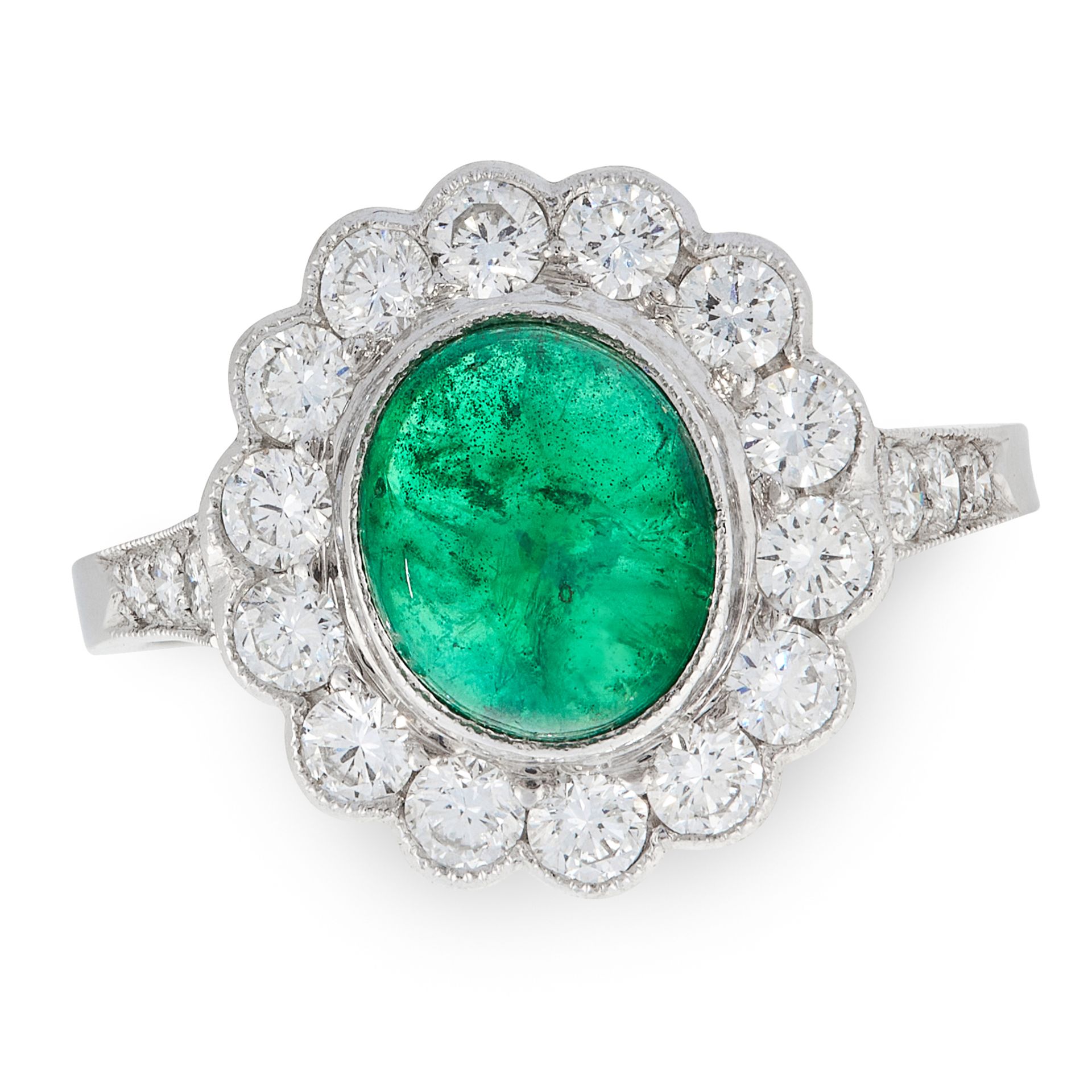 AN EMERALD AND DIAMOND CLUSTER RING in platinum, set with an oval cabochon emerald of 2.21 carats