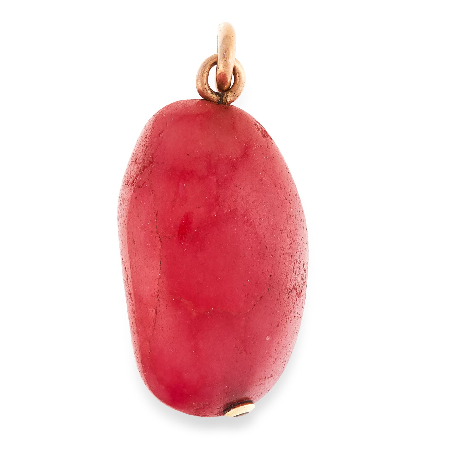 A RUBELLITE TOURMALINE PENDANT set with a polished rubellite tourmaline bead, suspended from a