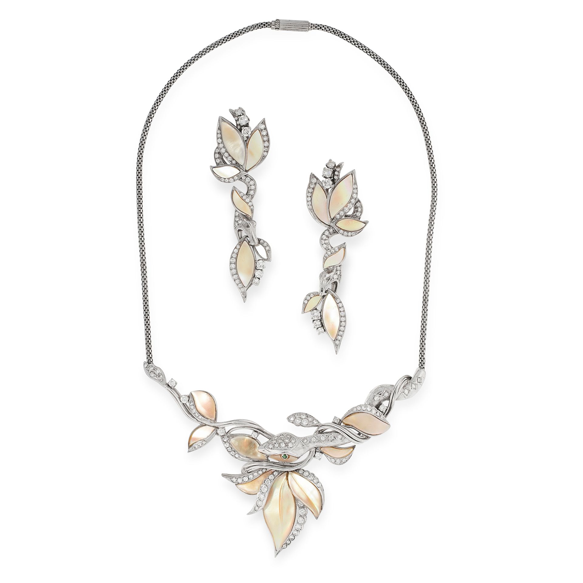 A MOTHER OF PEARL AND DIAMOND SNAKE NECKLACE AND EARRINGS SUITE in 18ct white gold, each designed to