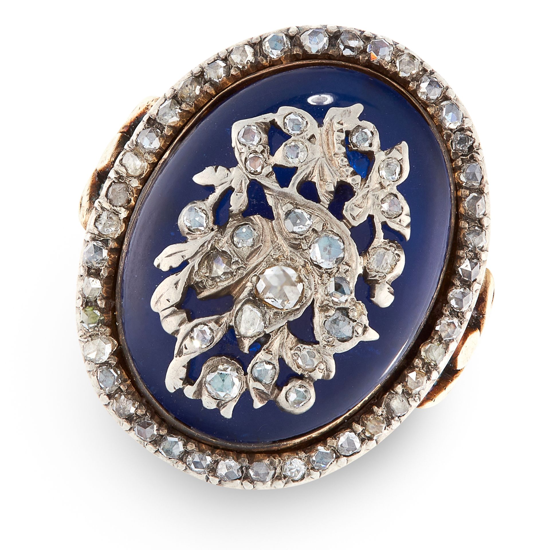 AN ANTIQUE DIAMOND AND BLUE GLASS BAGUE DE FIRMAMENT RING in high carat yellow gold and silver,