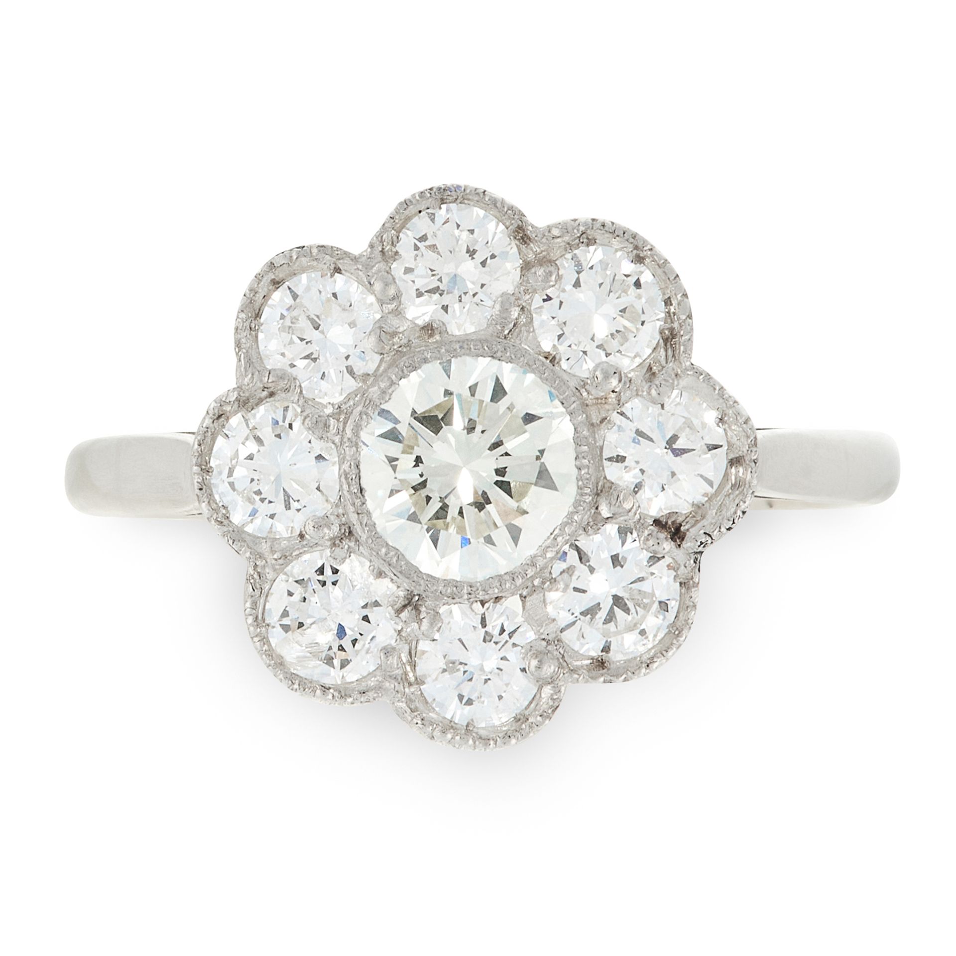 A DIAMOND CLUSTER RING set with a central round cut diamond within a border of further diamonds, all