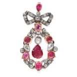 AN ANTIQUE RUBY AND DIAMOND PENDANT, EARLY 19TH CENTURY in yellow gold and silver, set at the centre