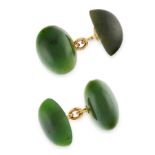 A PAIR OF NEPHRITE JADE CUFFLINKS, LONGMIRE in 18ct yellow gold, each comprising two polished oval