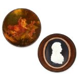 AN ANTIQUE FRAMED CAMEO the circular wooden frame with inset gold mounted oval aperture featuring