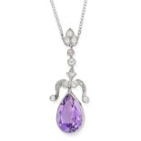 AN AMETHYST AND DIAMOND PENDANT NECKLACE set with a pear cut amethyst below scrolling and foliate
