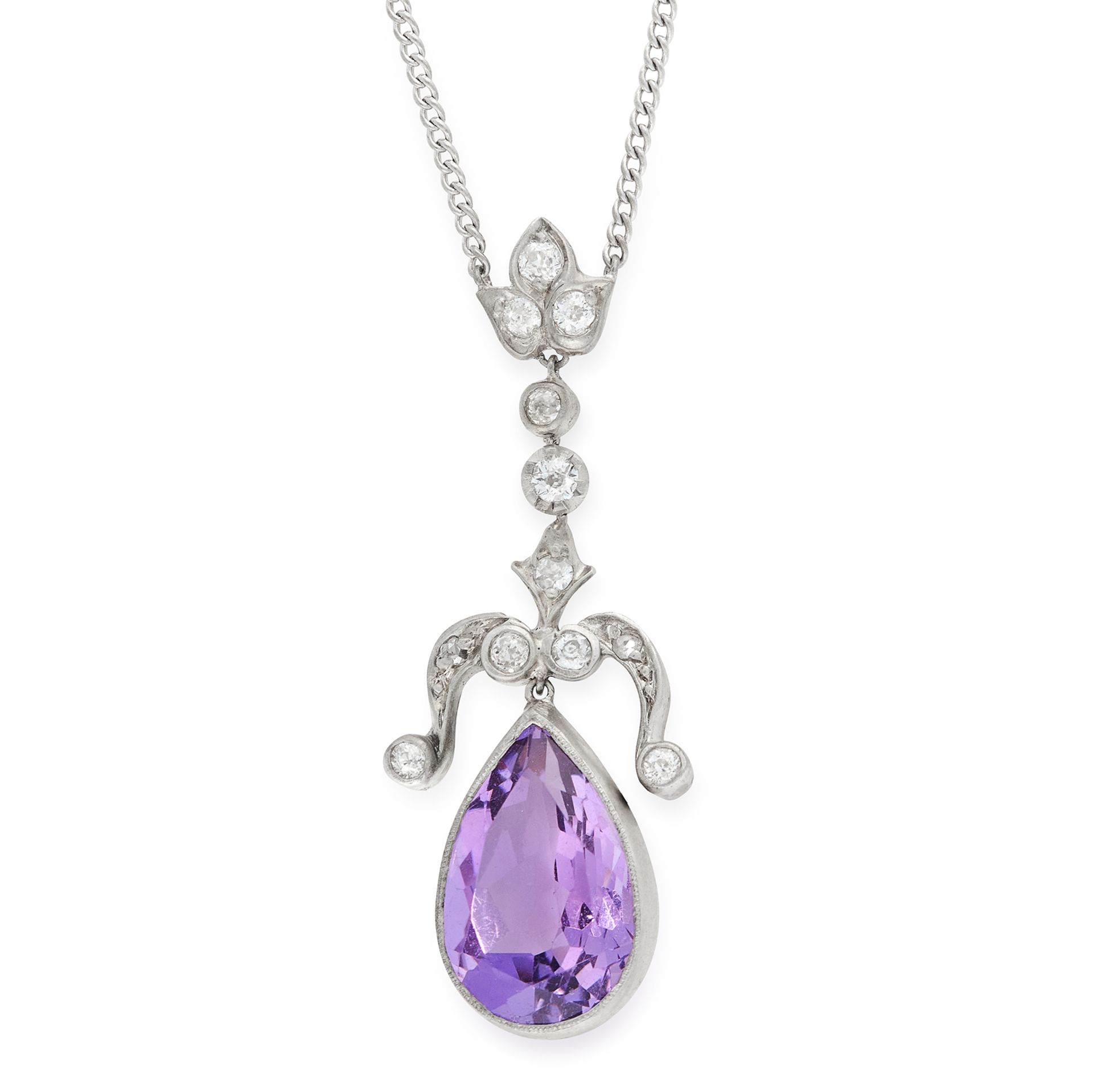 AN AMETHYST AND DIAMOND PENDANT NECKLACE set with a pear cut amethyst below scrolling and foliate