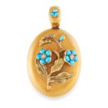 AN ANTIQUE FORGET-ME-NOT TURQUOISE AND DIAMOND MOURNING LOCKET PENDANT in yellow gold, the oval body