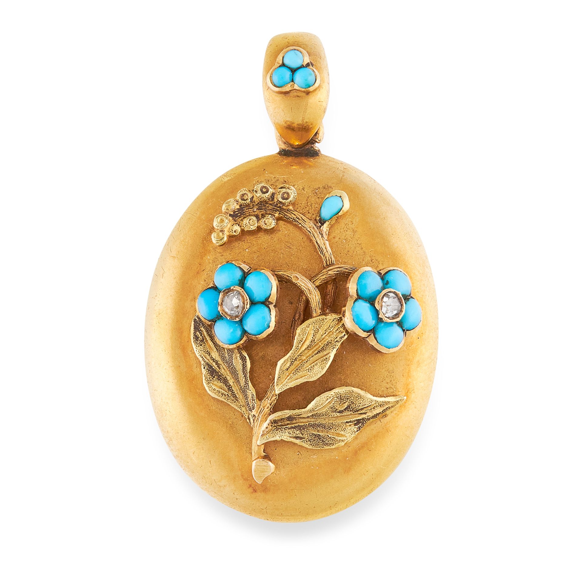 AN ANTIQUE FORGET-ME-NOT TURQUOISE AND DIAMOND MOURNING LOCKET PENDANT in yellow gold, the oval body