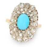 A TURQUOISE AND DIAMOND CLUSTER RING in 18ct yellow gold and silver, set with an oval cabochon
