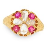 AN ANTIQUE VICTORIAN RUBY AND DIAMOND CLUSTER RING, 1883 in 18ct yellow gold, set with four pear