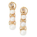 A PAIR OF VINTAGE PEARL AND DIAMOND EARRINGS in 18ct yellow gold, each formed of a trio of graduated