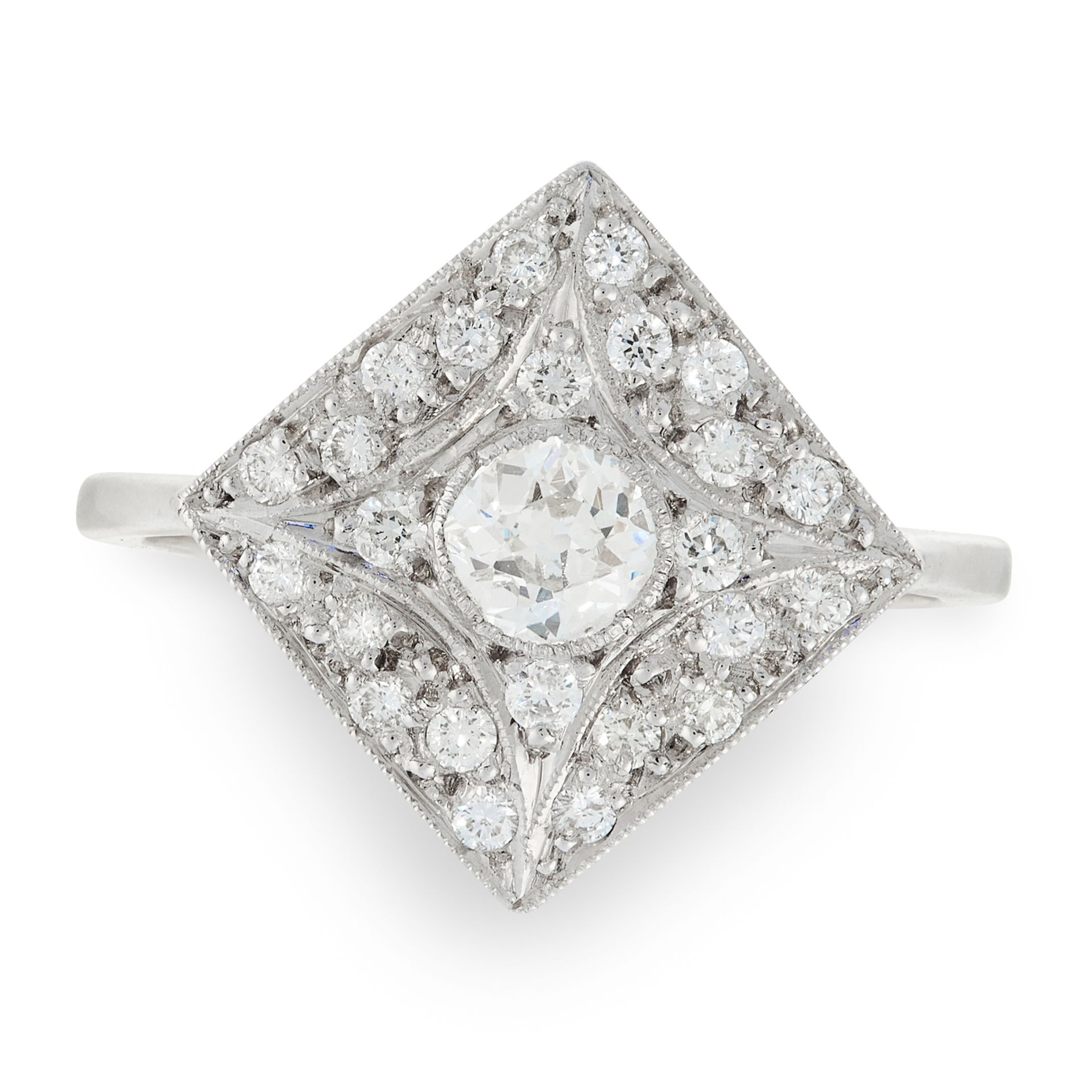 A DIAMOND DRESS RING in 18ct white gold, in Art Deco design, the square face is set with old and
