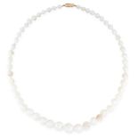 A PEARL NECKLACE comprising a single row of graduated baroque pearls, set on a gold clasp, marked