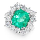 A COLOMBIAN EMERALD AND DIAMOND RING in platinum, set with a central emerald cut emerald of 6.16