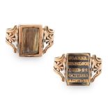 AN ANTIQUE SPINNING ENAMEL AND HAIRWORK MOURNING RING in yellow gold, the spinning rectangular