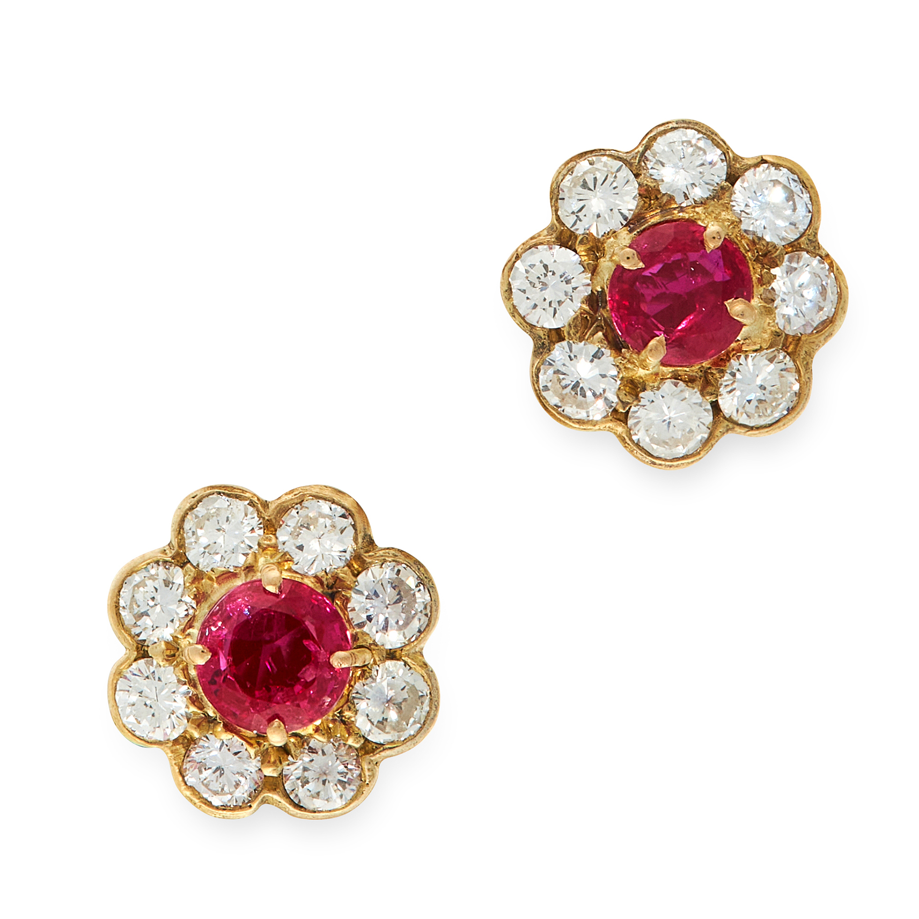 A PAIR OF RUBY AND DIAMOND CLUSTER STUD EARRINGS in 18ct yellow gold, each set with a round cut ruby