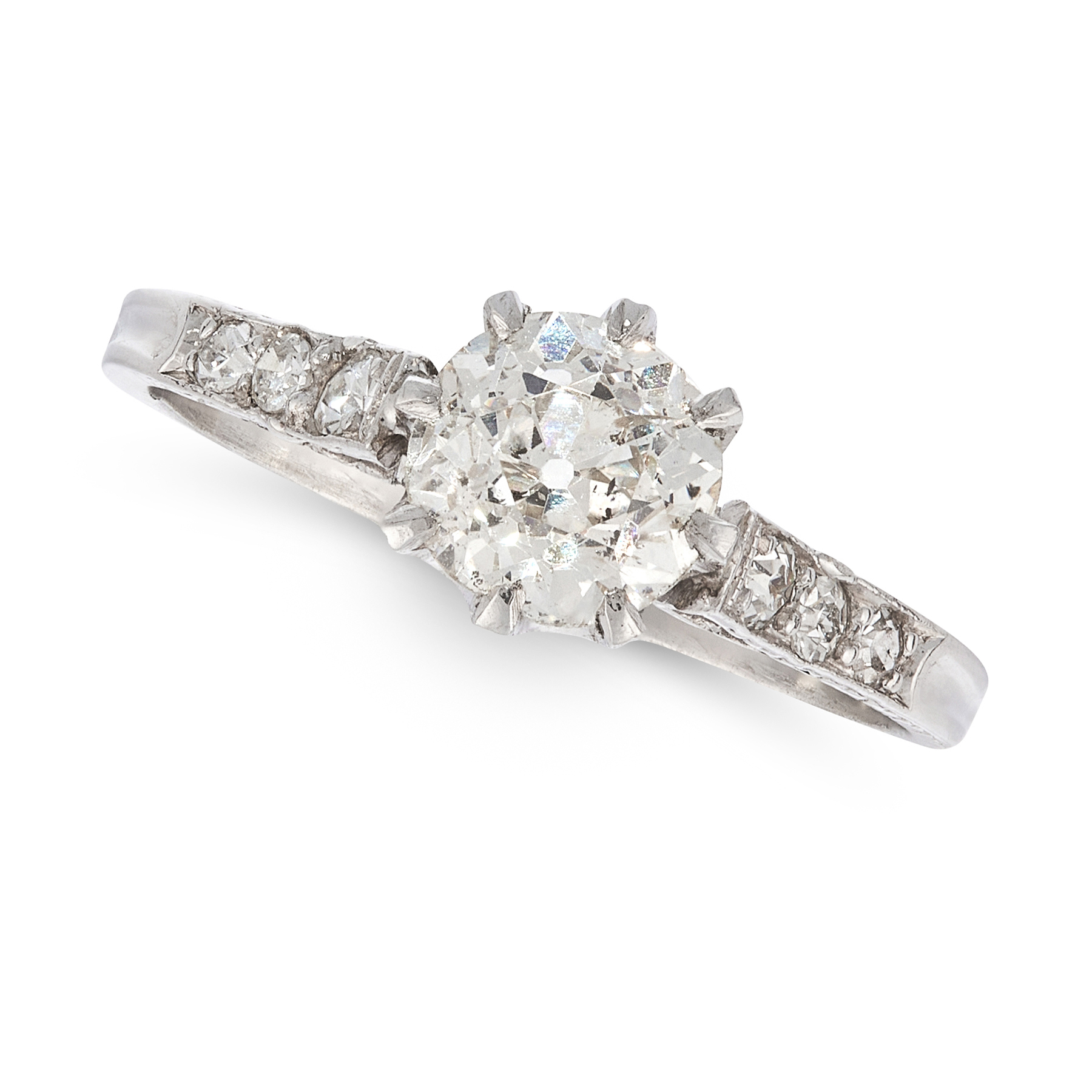 A DIAMOND SOLITAIRE RING in platinum, set with a central old cut diamond of 1.08 carats, accented by