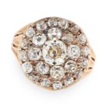 AN ANTIQUE DIAMOND CLUSTER RING, 19TH CENTURY in yellow gold and silver, the circular face set