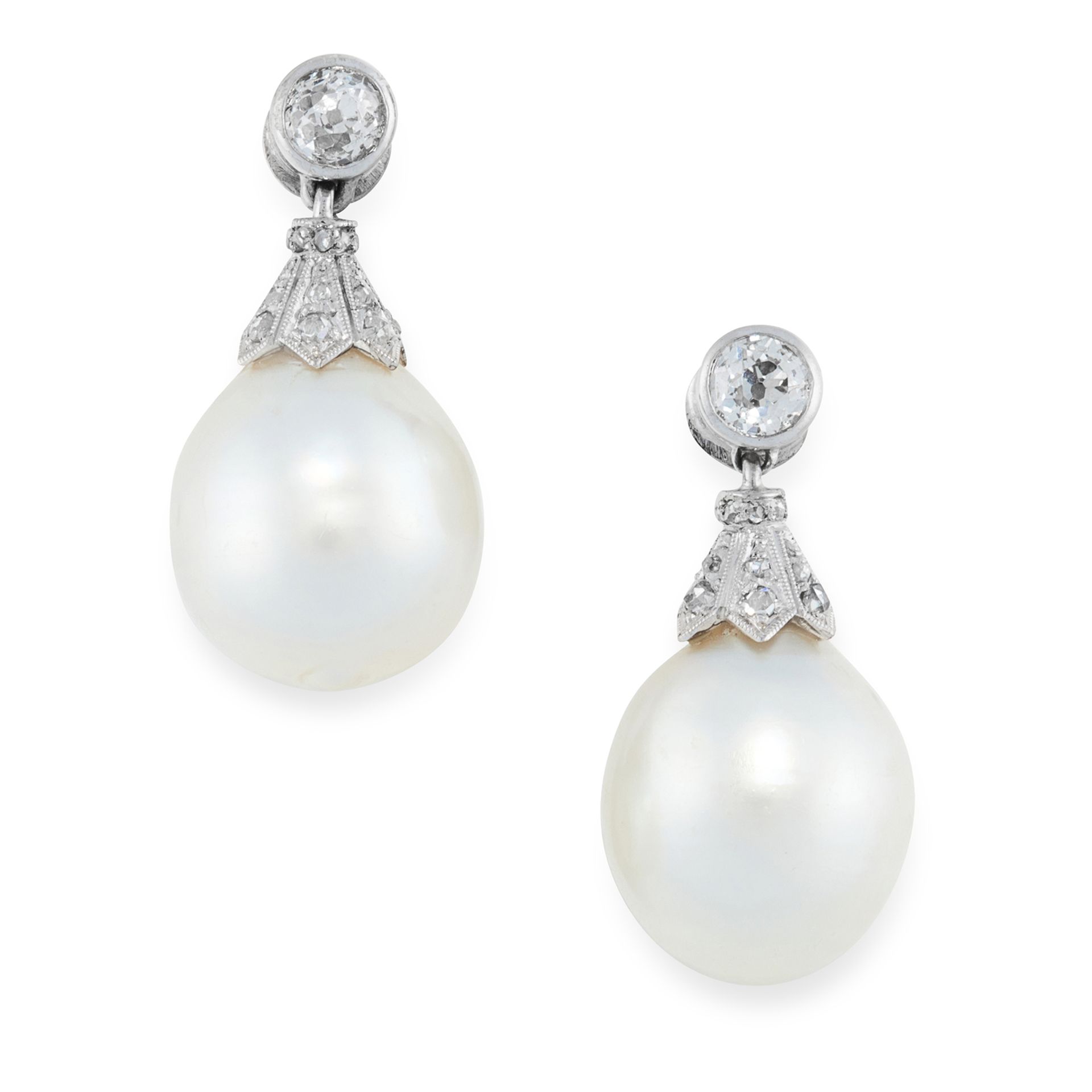 A PAIR OF PEARL AND DIAMOND EARRINGS in 18ct white gold, each set with a drop shaped pearl of 13.0mm