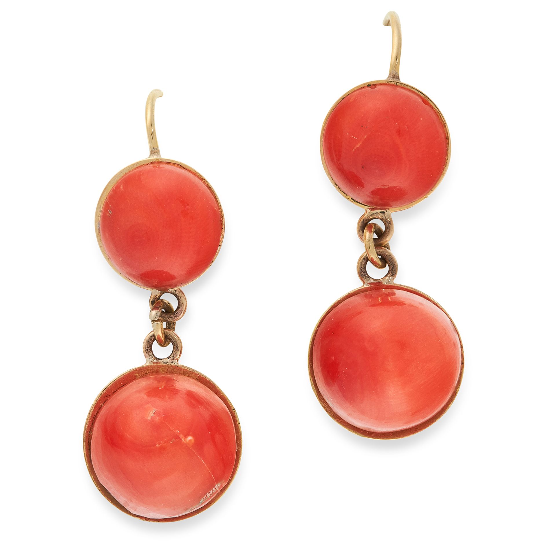 A PAIR OF ANTIQUE CORAL DROP EARRINGS in 18ct yellow gold, each set with two graduated polished