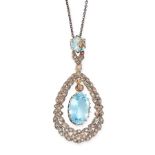 AN AQUAMARINE AND DIAMOND PENDANT AND CHAIN the pendant set with a principal oval cut aquamarine
