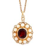 AN ANTIQUE GARNET, PEARL AND DIAMOND PENDANT AND CHAIN in yellow gold, set with a cushion cut garnet