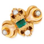 AN ANTIQUE EMERALD AND PEARL MOURNING BROOCH in yellow gold, the scrolling body set with an