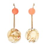 A PAIR OF ANTIQUE CORAL AND IVORY BEAD EARRINGS in yellow gold, each set with a coral bead