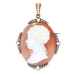 AN ANTIQUE CAMEO, PEARL AND DIAMOND BROOCH / PENDANT in yellow gold, set with an oval carved shell