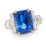 AN UNHEATED SAPPHIRE AND DIAMOND RING in platinum, set with a cushion cut sapphire of 8.33 carats in