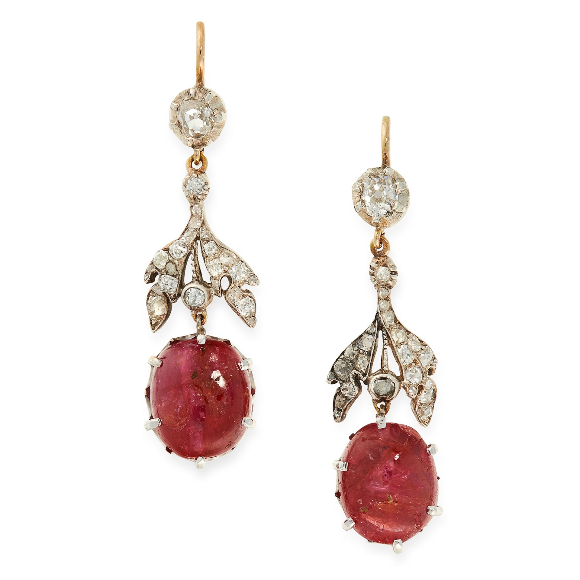 A PAIR OF BURMA NO HEAT RUBY AND DIAMOND DROP EARRINGS in yellow gold and silver, each set with a