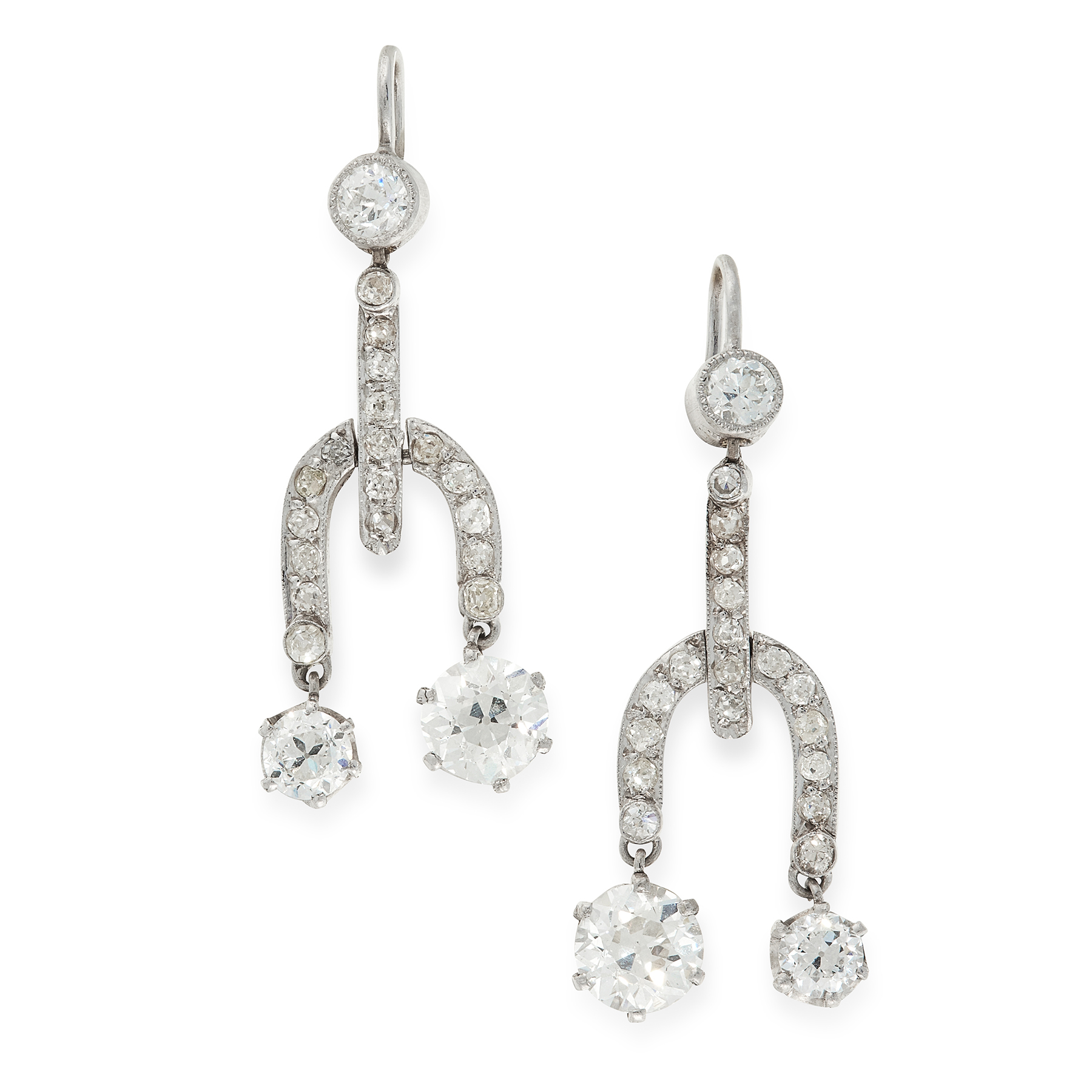 A PAIR OF DIAMOND DROP EARRINGS, EARLY 20TH CENTURY each set with a principal old cut diamond of 0.