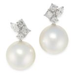 A PAIR OF PEARL AND DIAMOND EARRINGS in 18ct white gold, each set with a pearl of 13.0mm below a