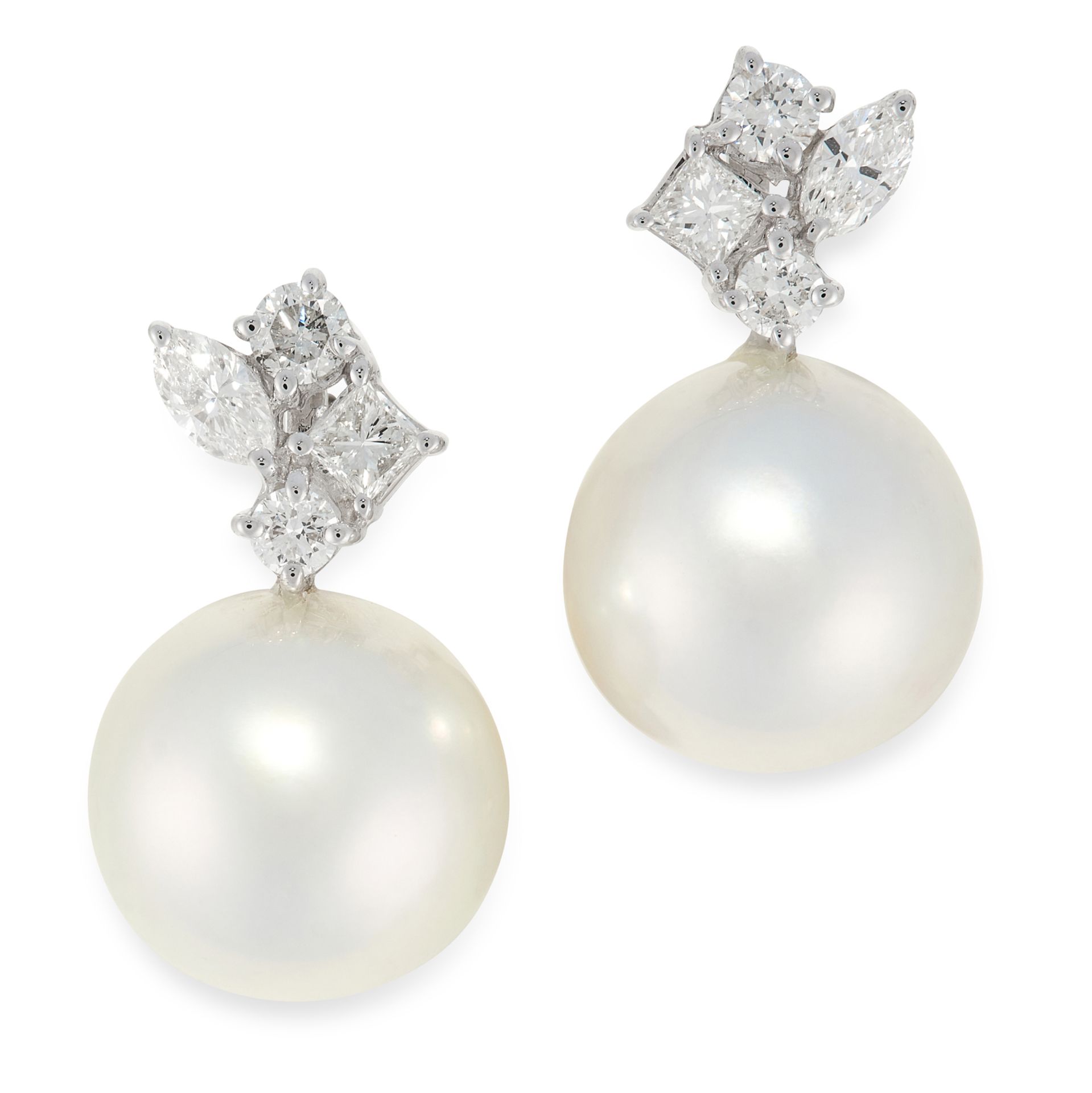 A PAIR OF PEARL AND DIAMOND EARRINGS in 18ct white gold, each set with a pearl of 13.0mm below a