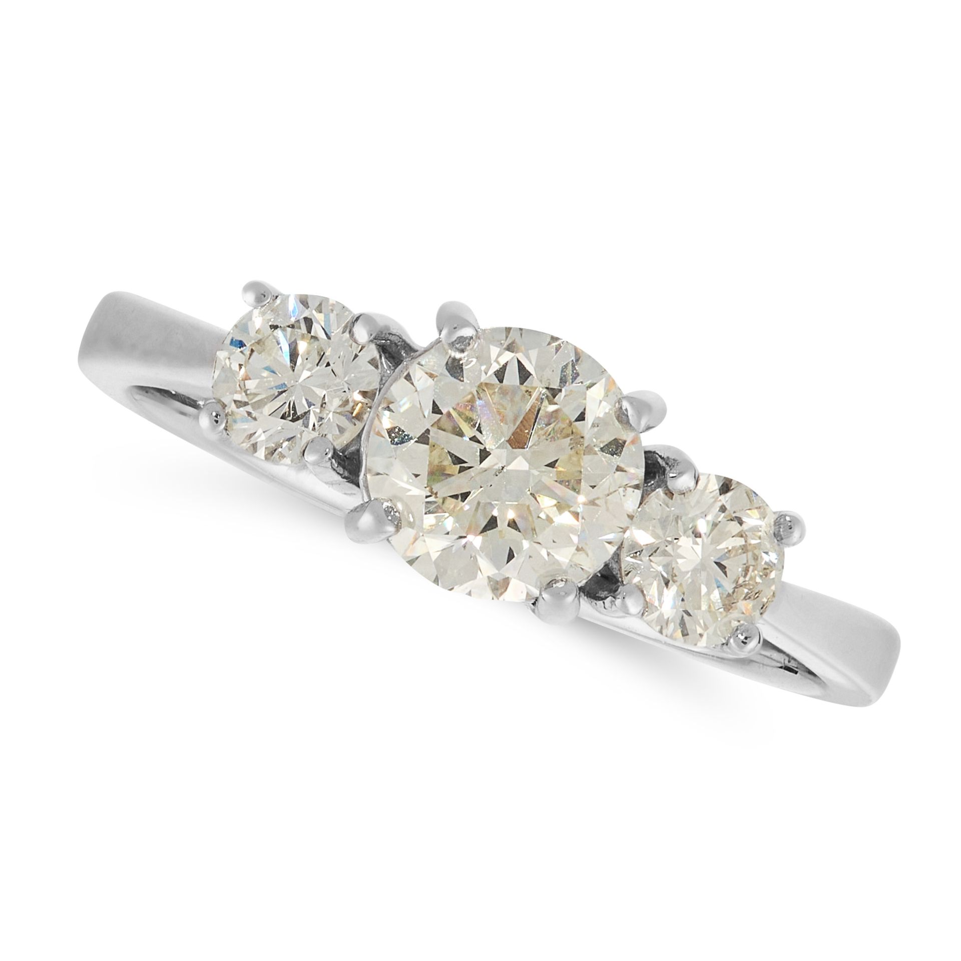 A DIAMOND THREE STONE RING in 18ct white gold, set with a trio of graduated round cut diamonds,