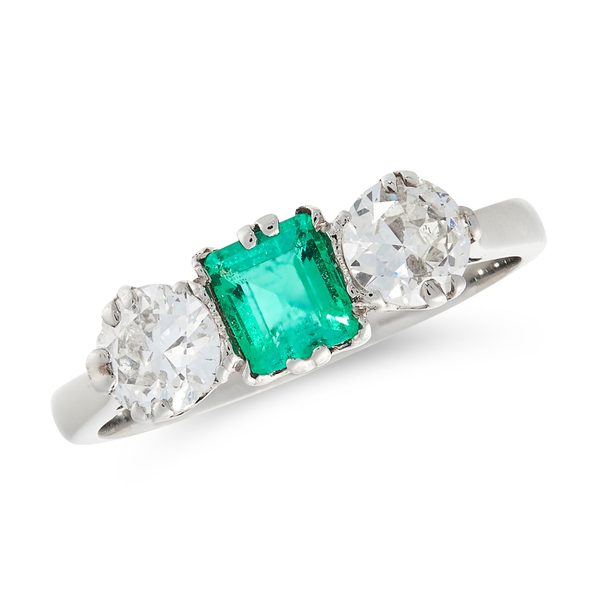 A COLOMBIAN EMERALD AND DIAMOND RING set with a step cut emerald between two round cut diamonds, the