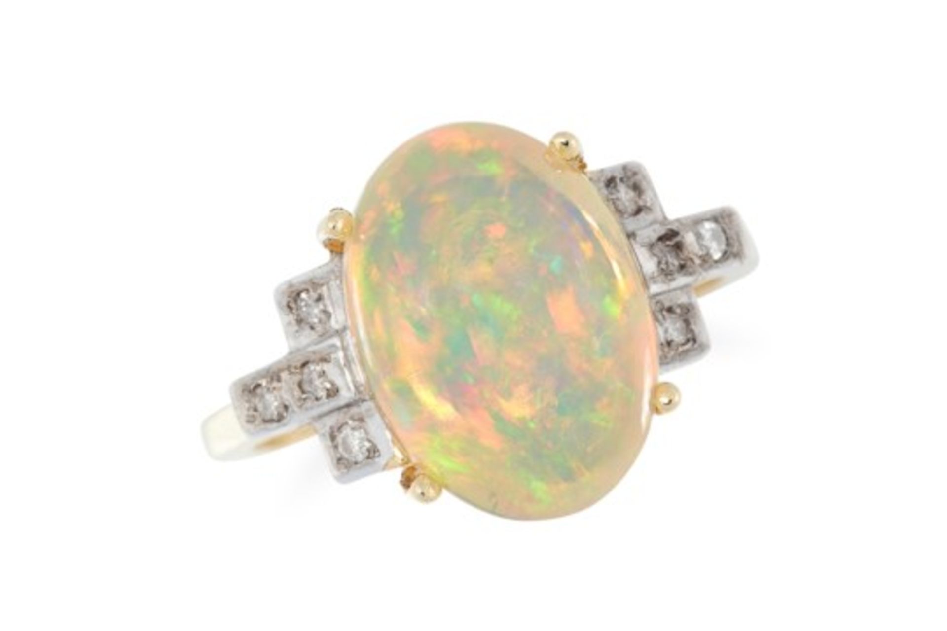 AN OPAL AND DIAMOND DRESS RINGin 18ct yellow gold, set with an oval cabochon opal of 5.08 carats