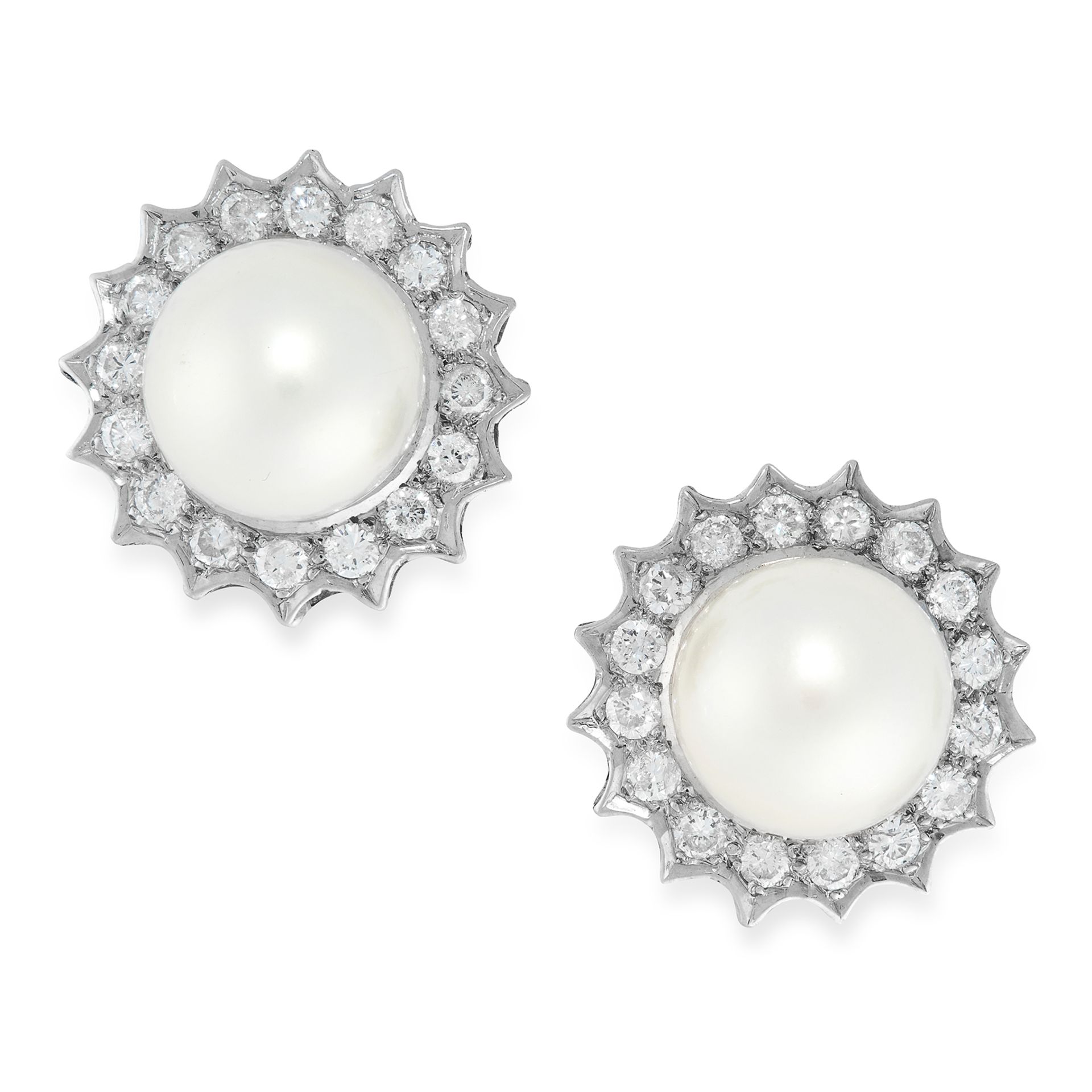 A PAIR OF PEARL AND DIAMOND CLUSTER EARRINGS in 18ct white gold, each set with a central pearl of