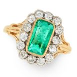 A COLOMBIAN EMERALD AND DIAMOND CLUSTER RING in 18ct yellow gold and silver, set with a mixed cut