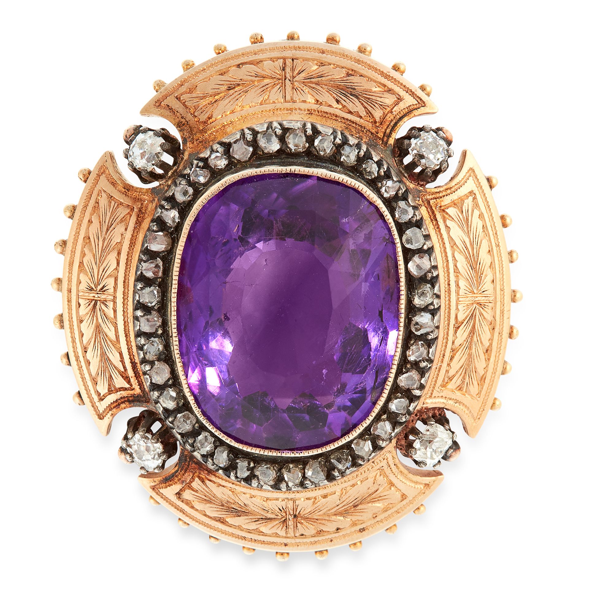 AN ANTIQUE AMETHYST AND DIAMOND BROOCH / PENDANT in 18ct yellow gold and silver, set with a