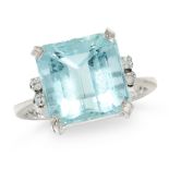 A VINTAGE AQUAMARINE AND DIAMOND RING, H STERN in 18ct white gold, set with a step cut aquamarine of