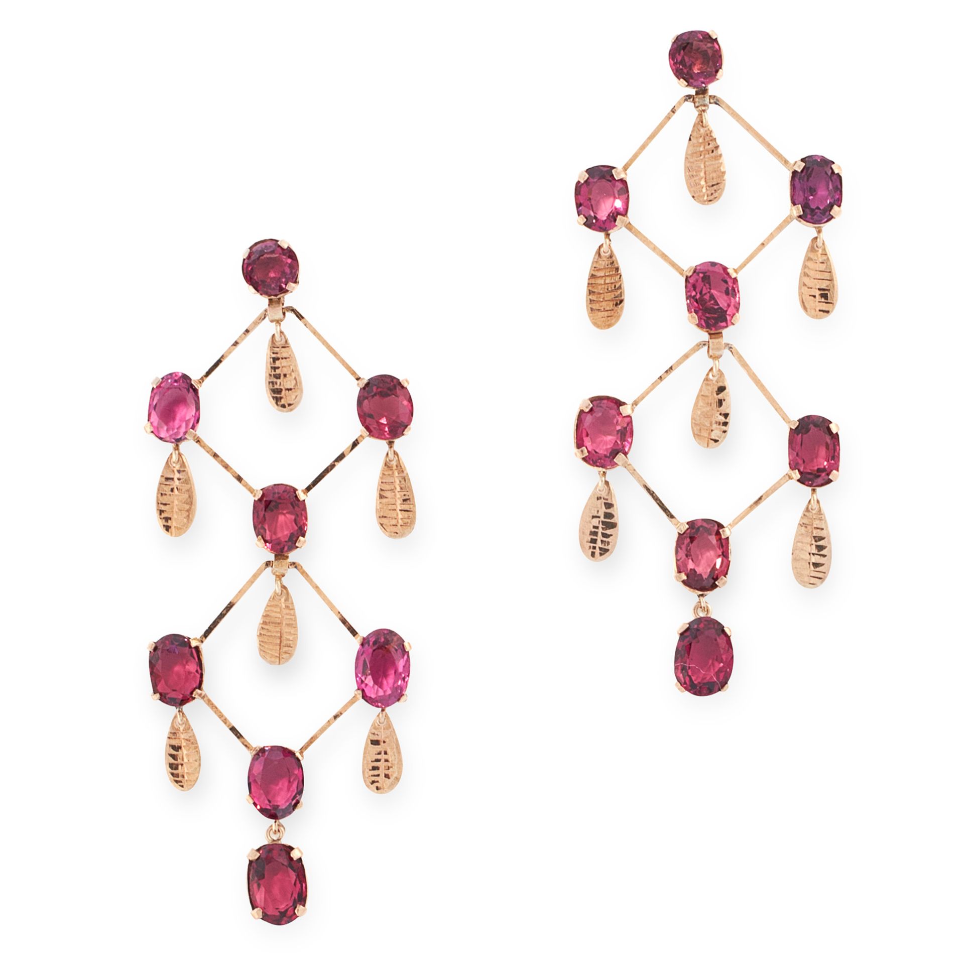 A PAIR OF GARNET CHANDELIER EARRINGS in yellow gold, each set with eight oval cut garnets arranged