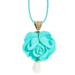 A BLUE FLOWER AND PEARL PENDANT AND CHAIN in yellow gold, the blue resin pendant carved in detail to