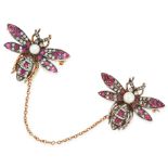 A PAIR OF RUBY, DIAMOND AND PEARL BEE BROOCHES designed as bees, set with round cut rubies and
