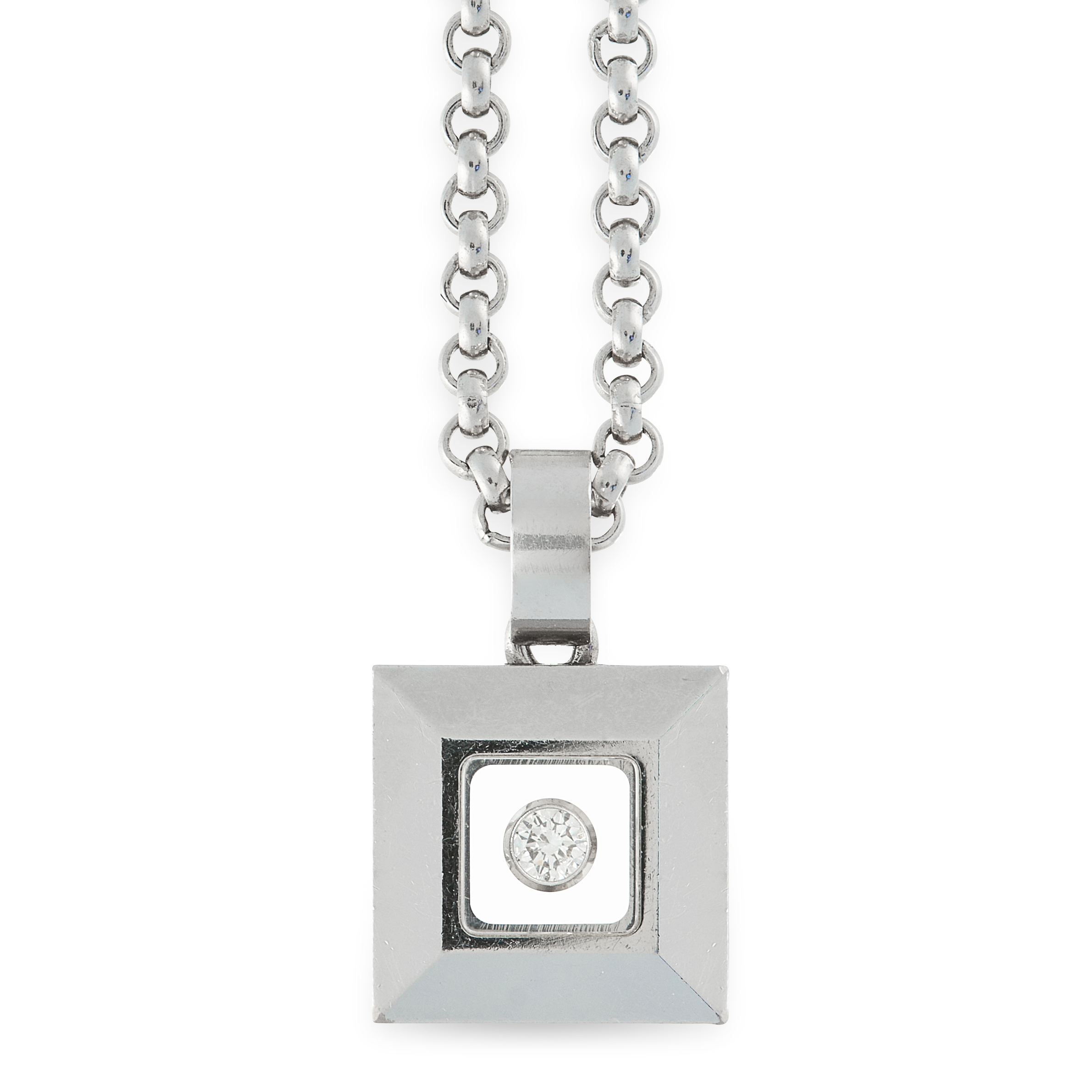 A HAPPY DIAMONDS PENDANT AND CHAIN, CHOPARD in 18ct white gold, the square face is set with a