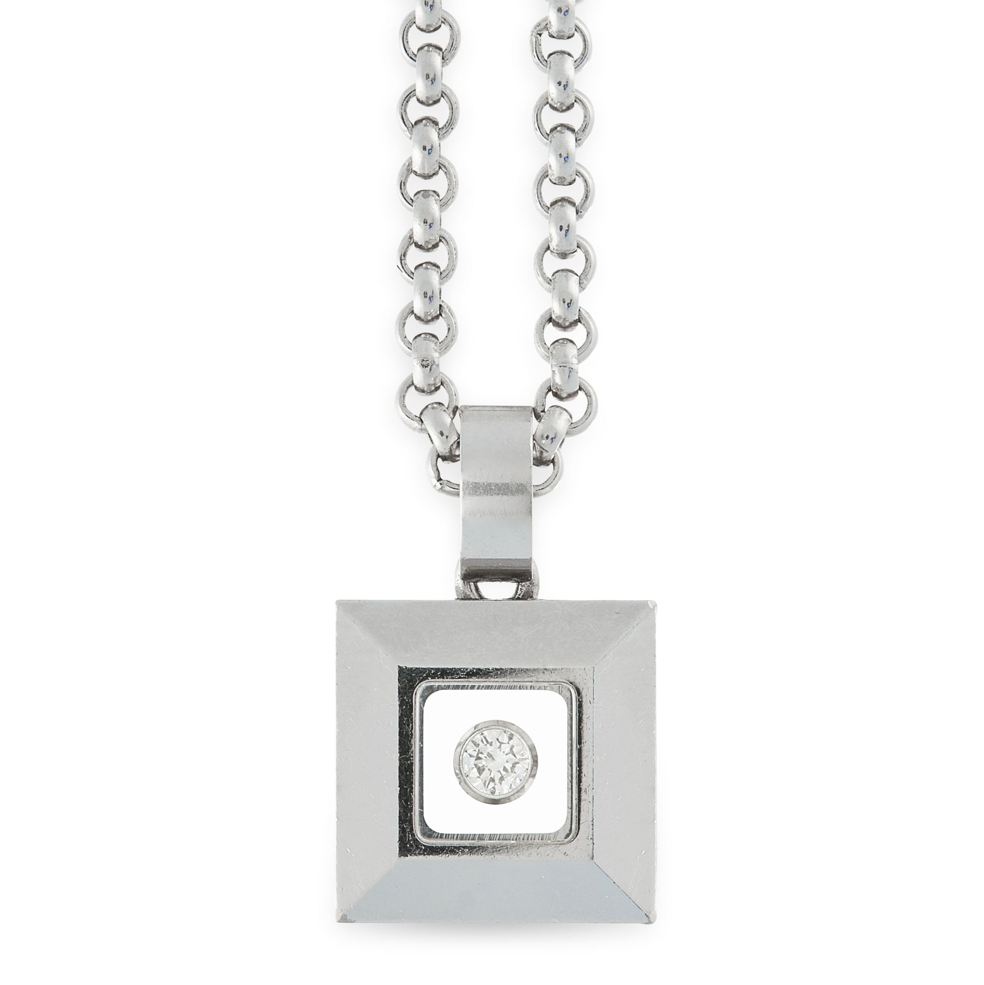 A HAPPY DIAMONDS PENDANT AND CHAIN, CHOPARD in 18ct white gold, the square face is set with a