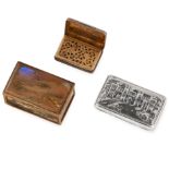 A SELECTION OF THREE ANTIQUE BOXES in silver, including a vinaigrette by Nathaniel Mills, a castle